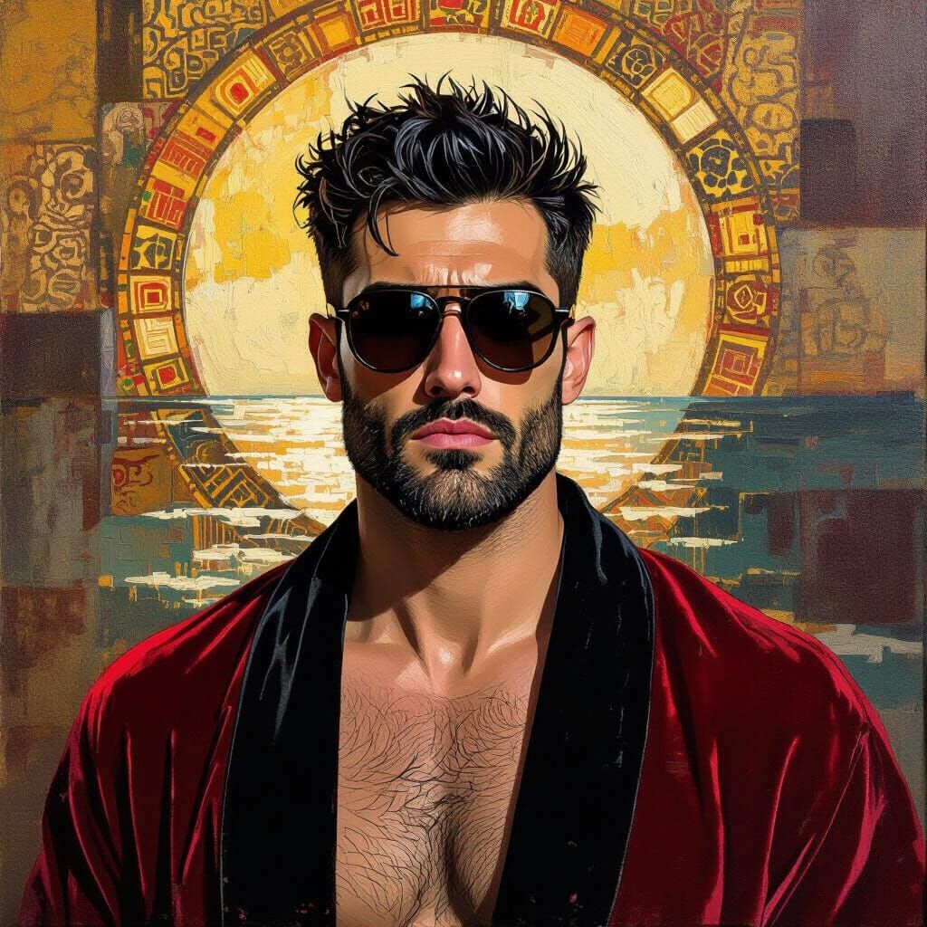 Angry Man in Velvet Robe, Klimt-Inspired Portrait