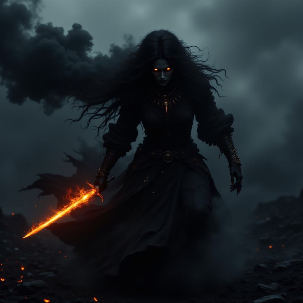 Shadow God Awakens from Black Smoke with Fiery Eyes and Swor...