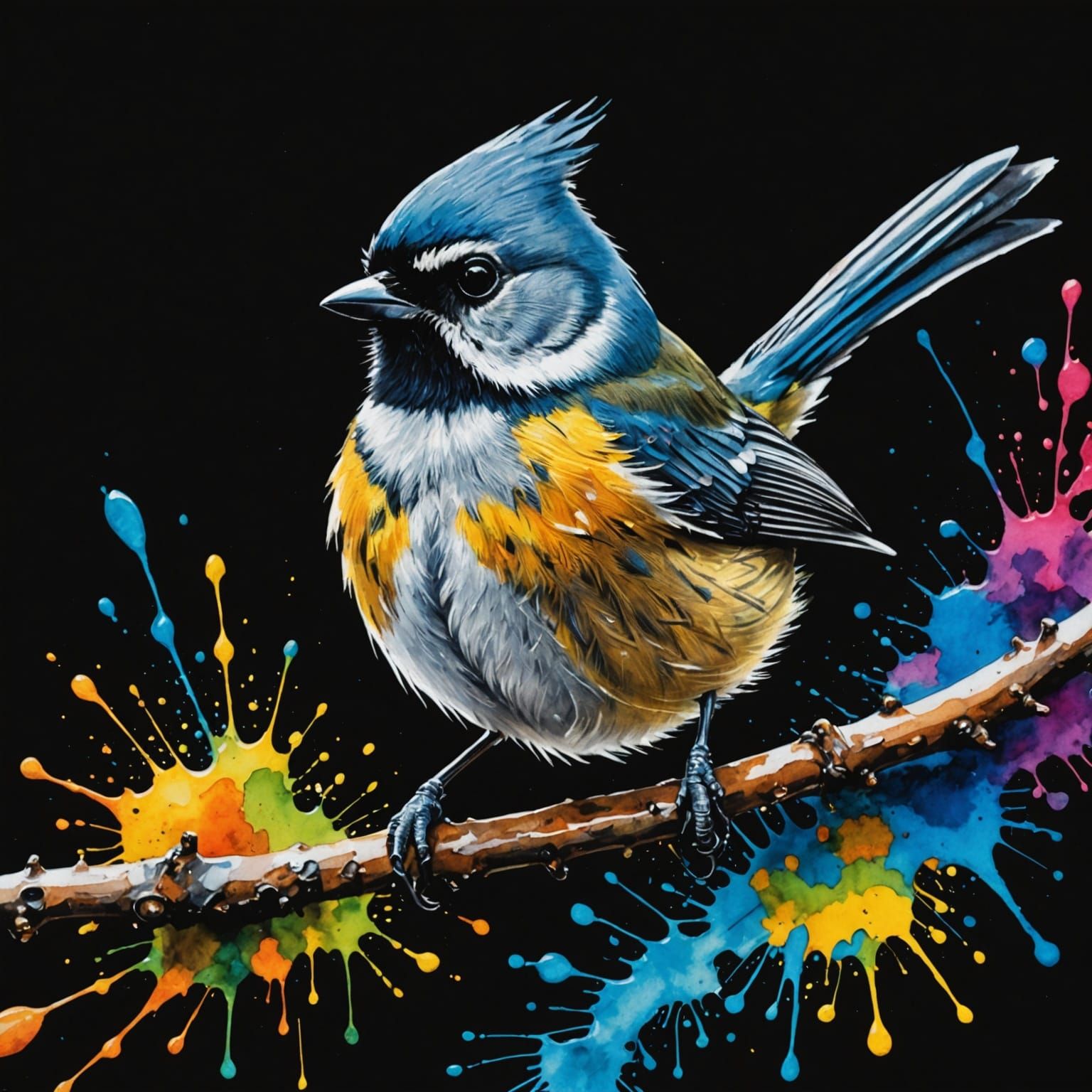 Vibrant Titmouse with Watercolor Ink Splatter Effect