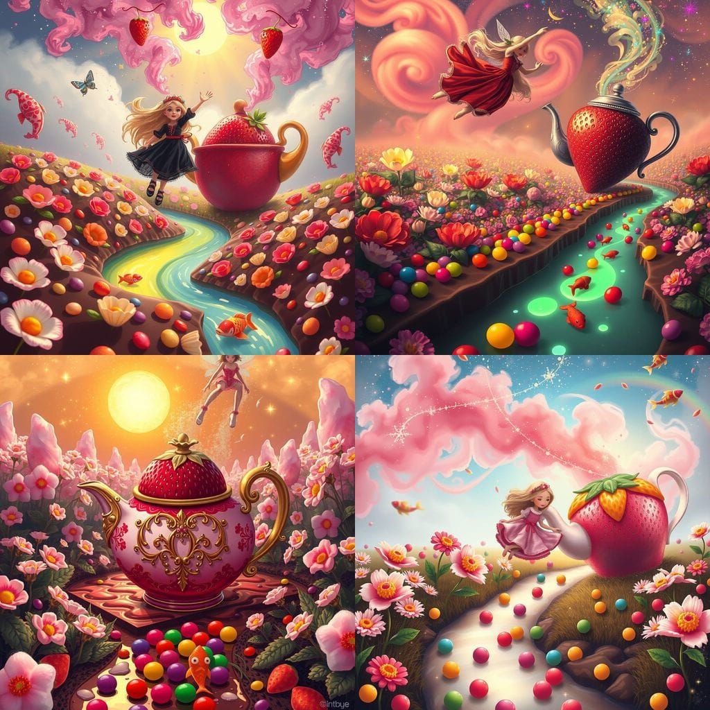 Strawberry Teapot in Marshmallow Field: Dreamy Digital Art