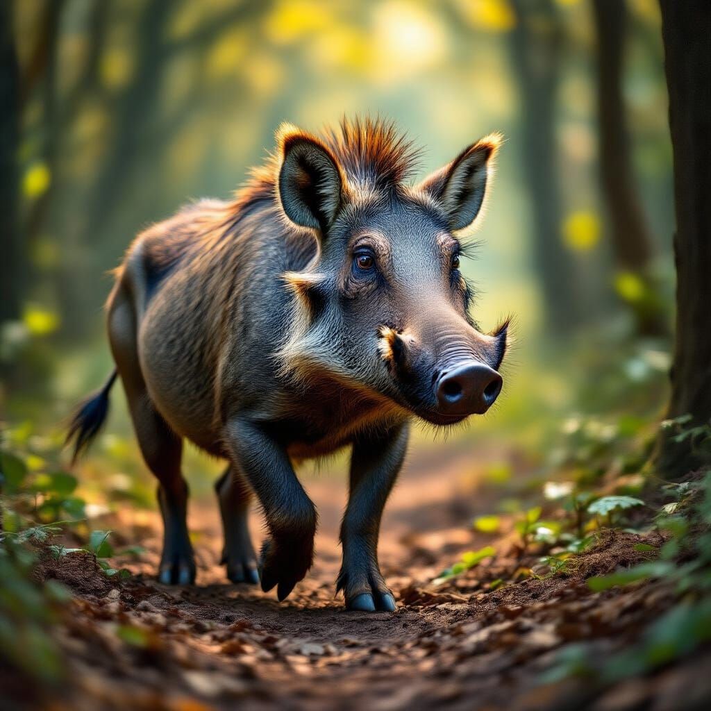 Hyperrealistic Warthog Roaming Forest in Photorealistic Styl...