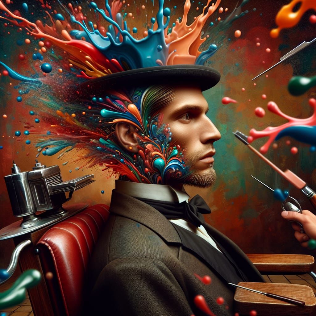 Surreal Barber Shop Portrait in Hyperrealistic Style