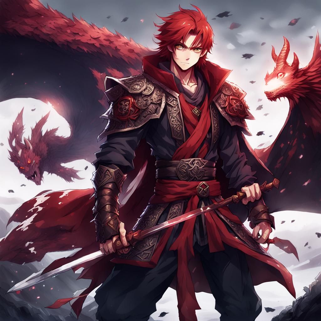 Evil Red-Haired Half-Dragon Druid in Anime Style