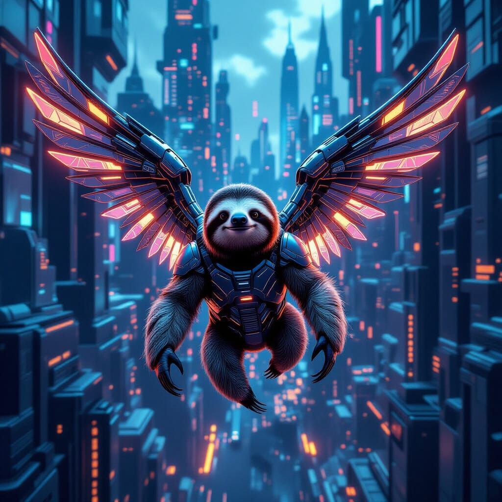 Aerodynamic Sloth with Robotic Wings in Futuristic City