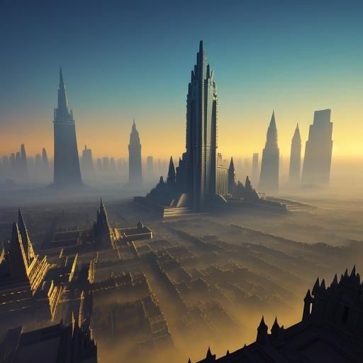 Surreal Cityscape with Ziggurats and Skyscrapers