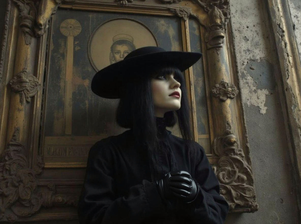 Gothic Girl in Gilded Frame, Dark Atmospheric Style