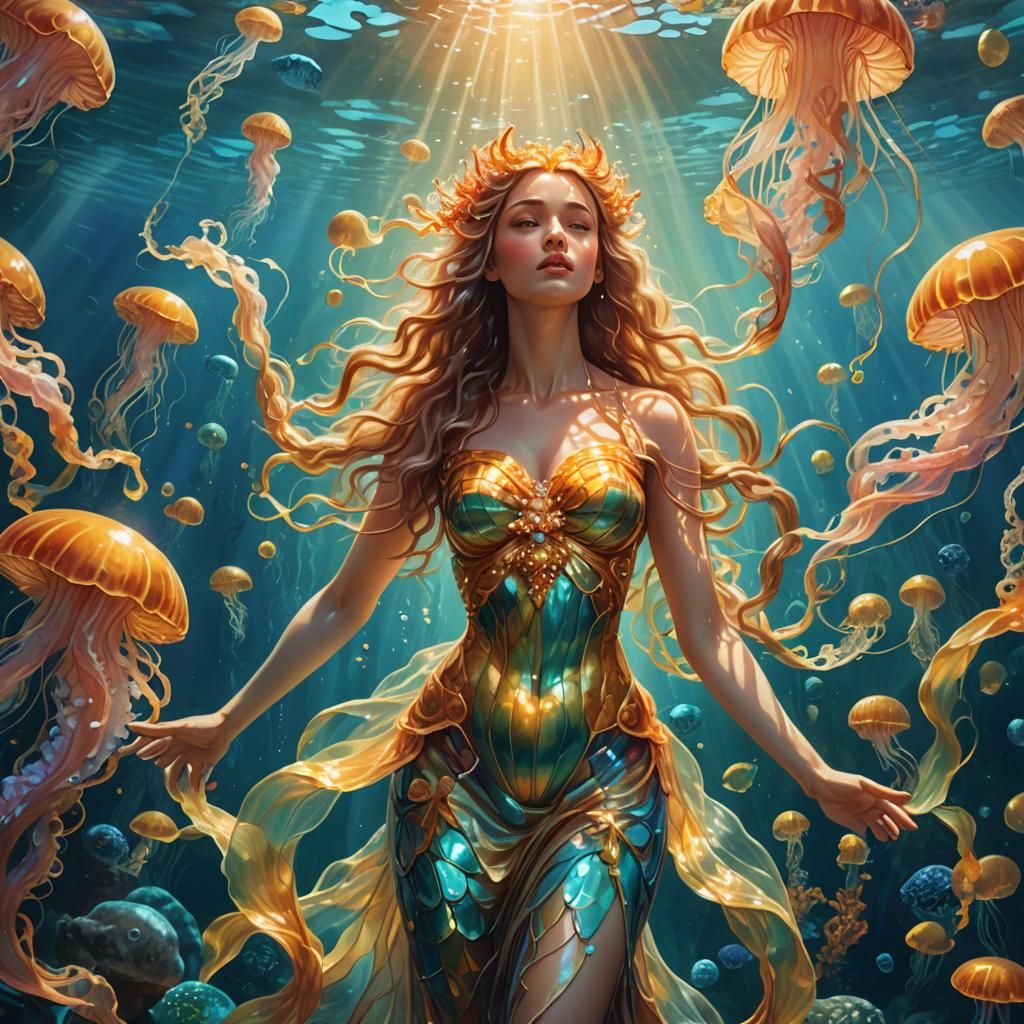 Aphrodite in Surreal Underwater Oil Painting