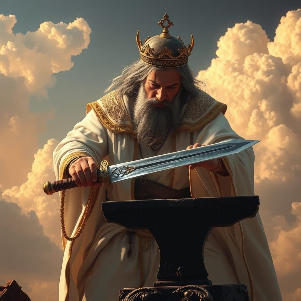 Priest Forging Sword in Celestial Cloudscape