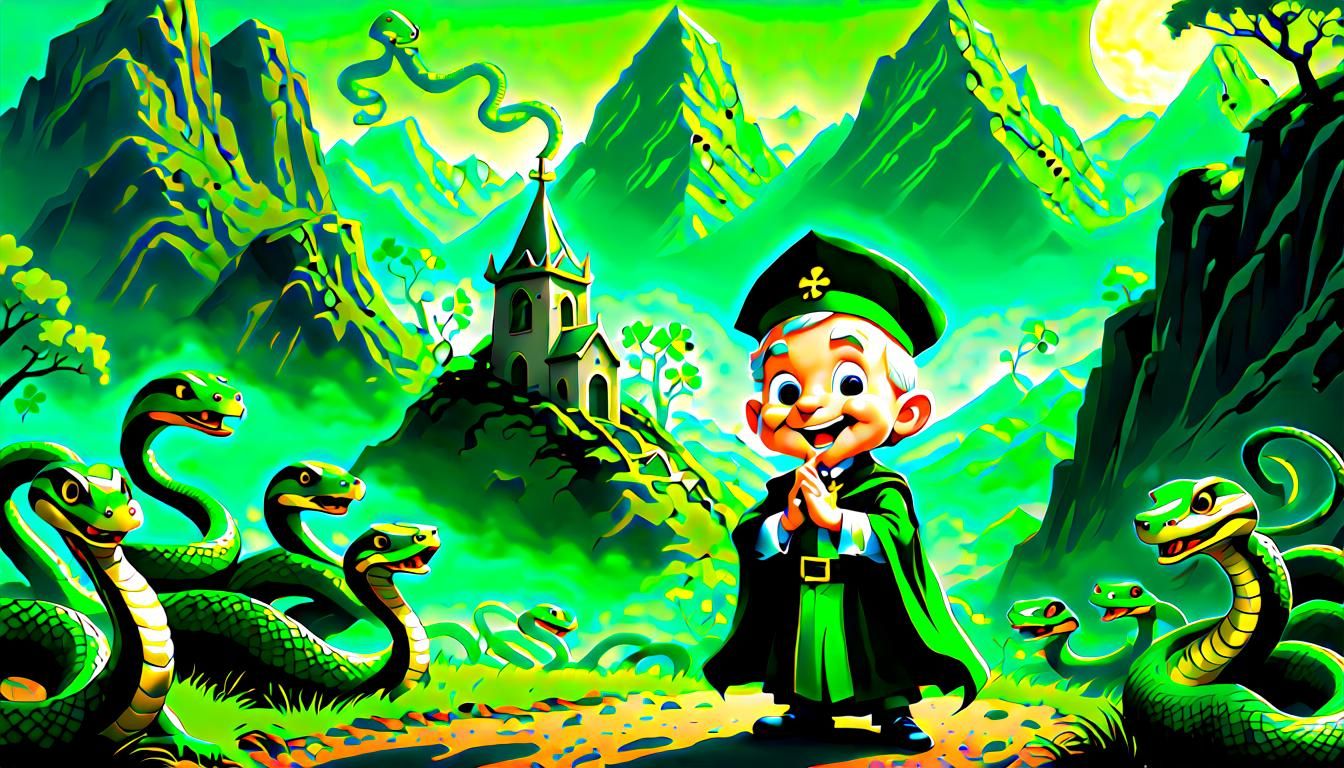 Chibi St. Patrick Scares Snakes in Storybook Illustration