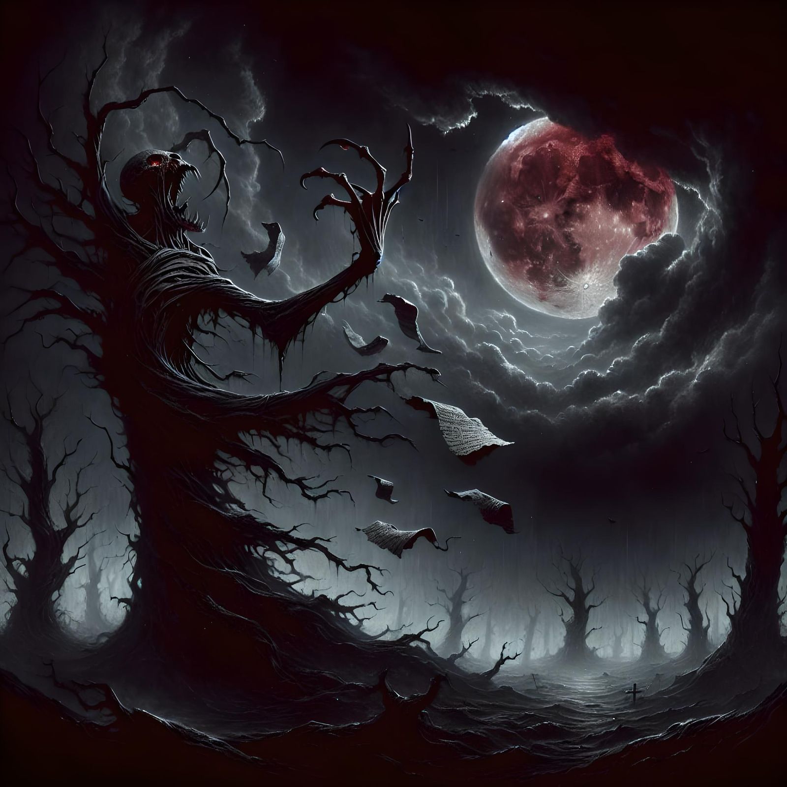 Macabre Forest Under Blood Red Moon