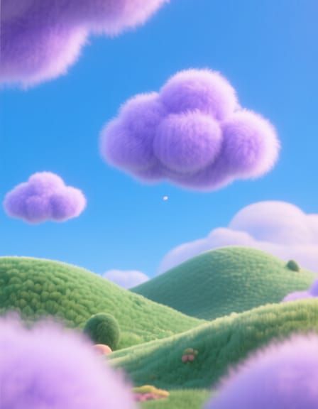 Whimsical 3D Landscape: Purple Clouds Over Green Hills