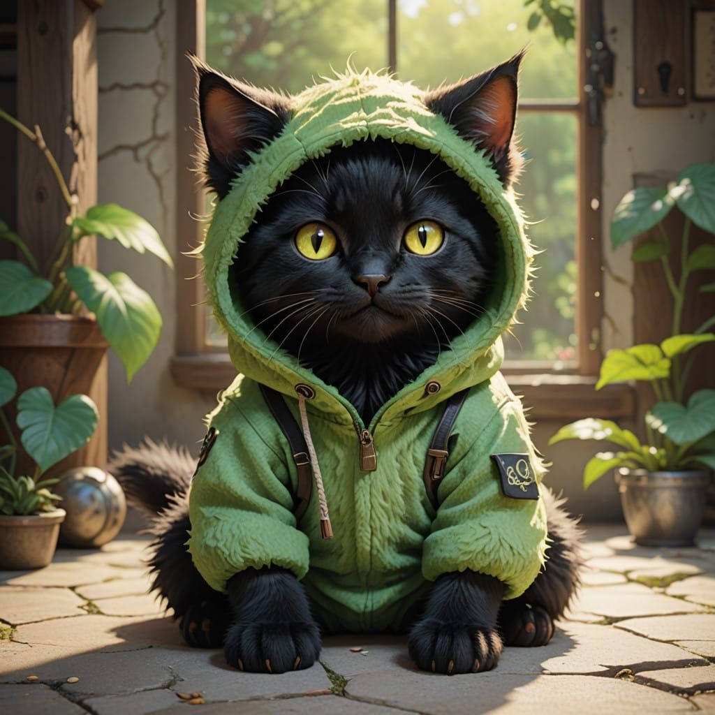 Whimsical Green Furry Kitten in a Childhood Wonderland