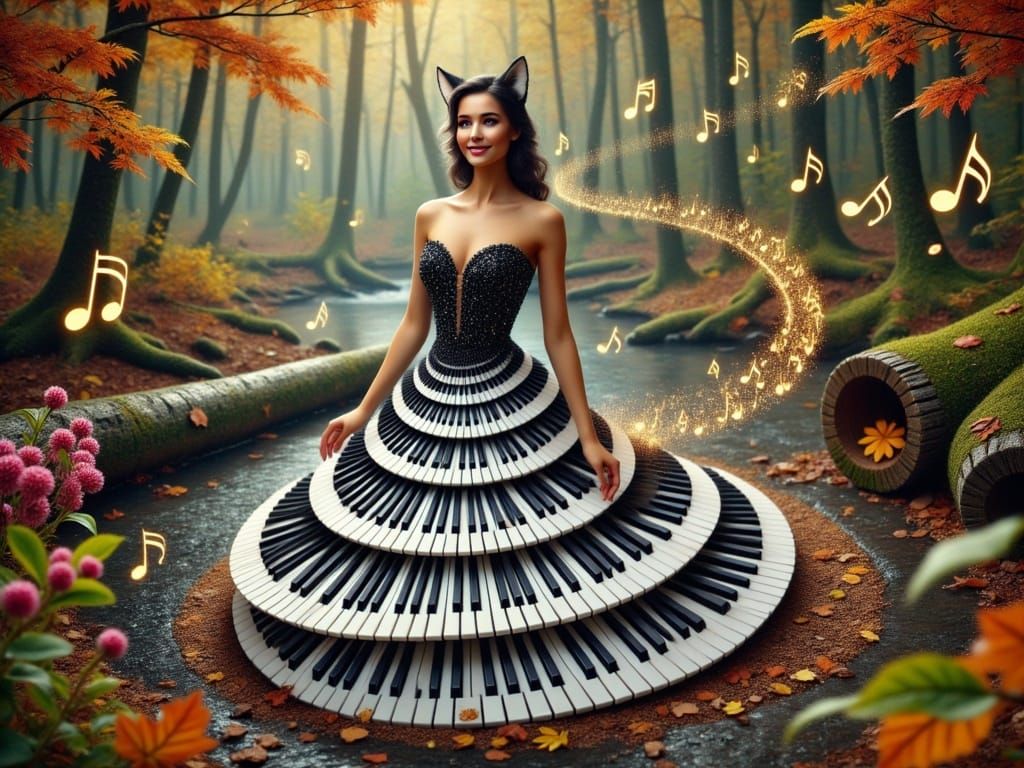 Surreal Fox Woman Plays Piano in Autumn Woodland