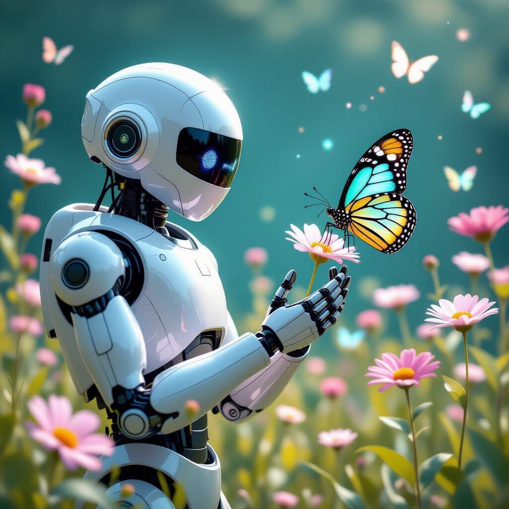 Robot and Butterfly in Ethereal Minimalist Painting