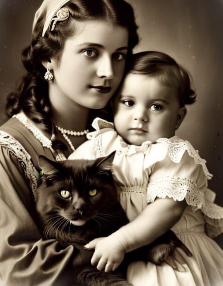 Vintage Portrait of Girl with Cat in Sepia Tone