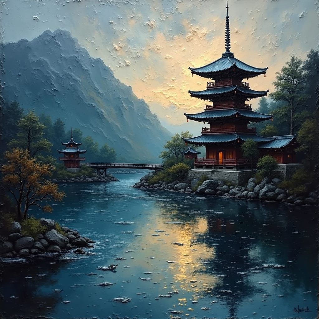 Silver Pagoda on River in Brooding Impasto Style