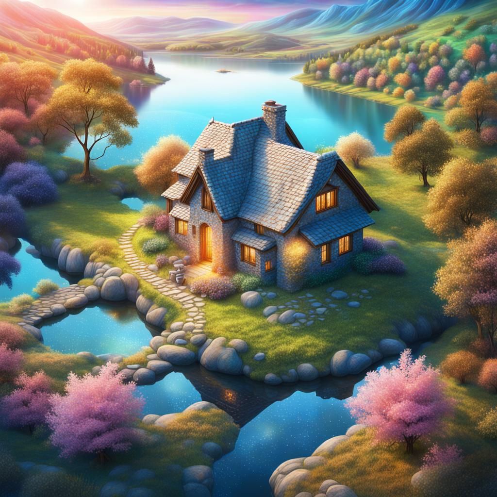 Stone Cottage by Lake: Holographic Astral Illustration