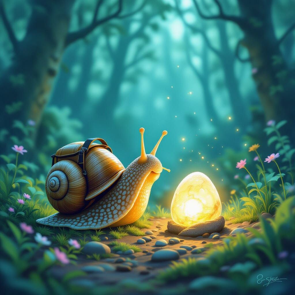 Curious Snail Finds Glowing Pebble in Dreamlike Forest