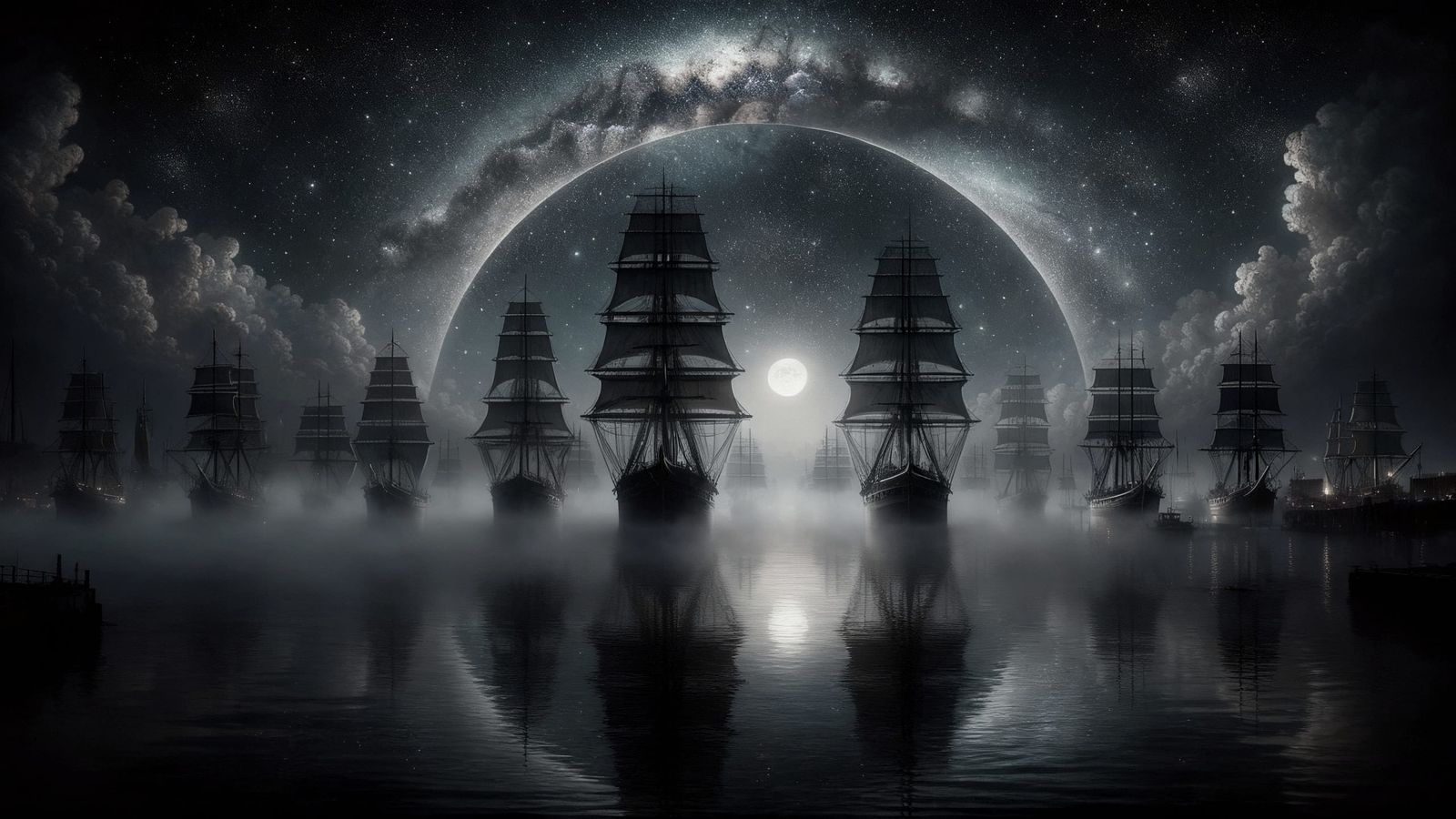 Full-Rigged Ships Arrive at Foggy Harbor Under Milky Way