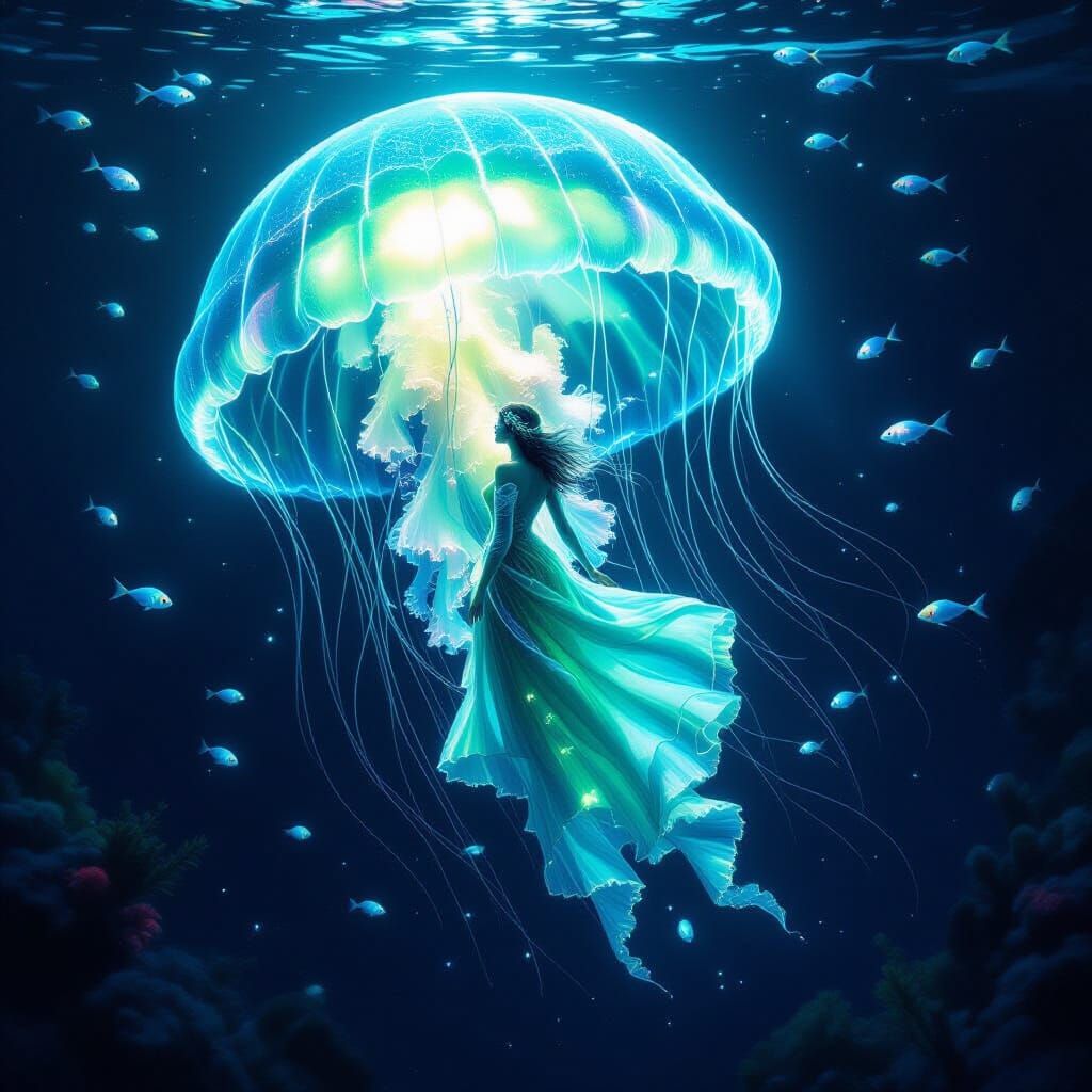 Bioluminescent Jellyfish and Water Fairy in Deep Sea