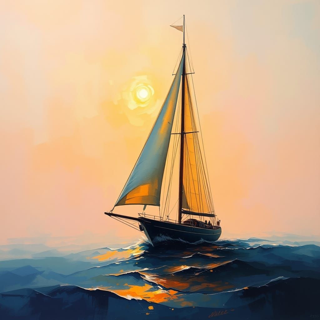 Sail Vessel in Fog, Kinetic Inkwork in Expressionist Style