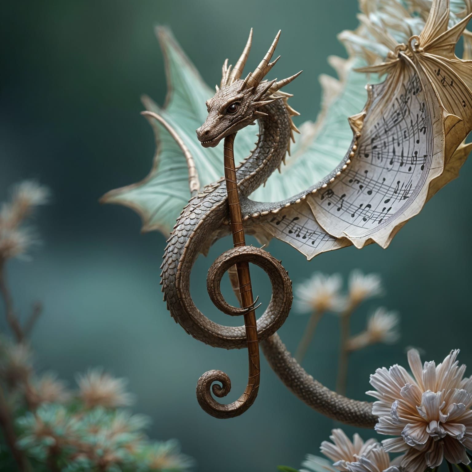 Macro action shot of A dragon with the body shape of a treble clef musical note with sheet music as wings and woodwind t...