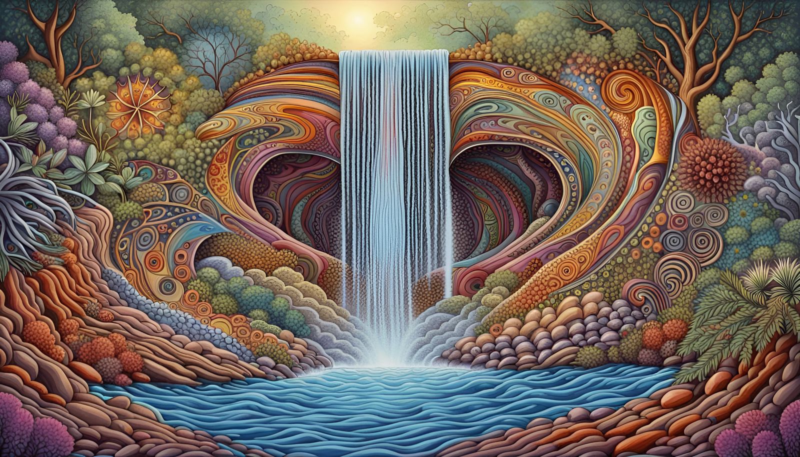 Waterfall Portal with Quantum Zentangle Flora