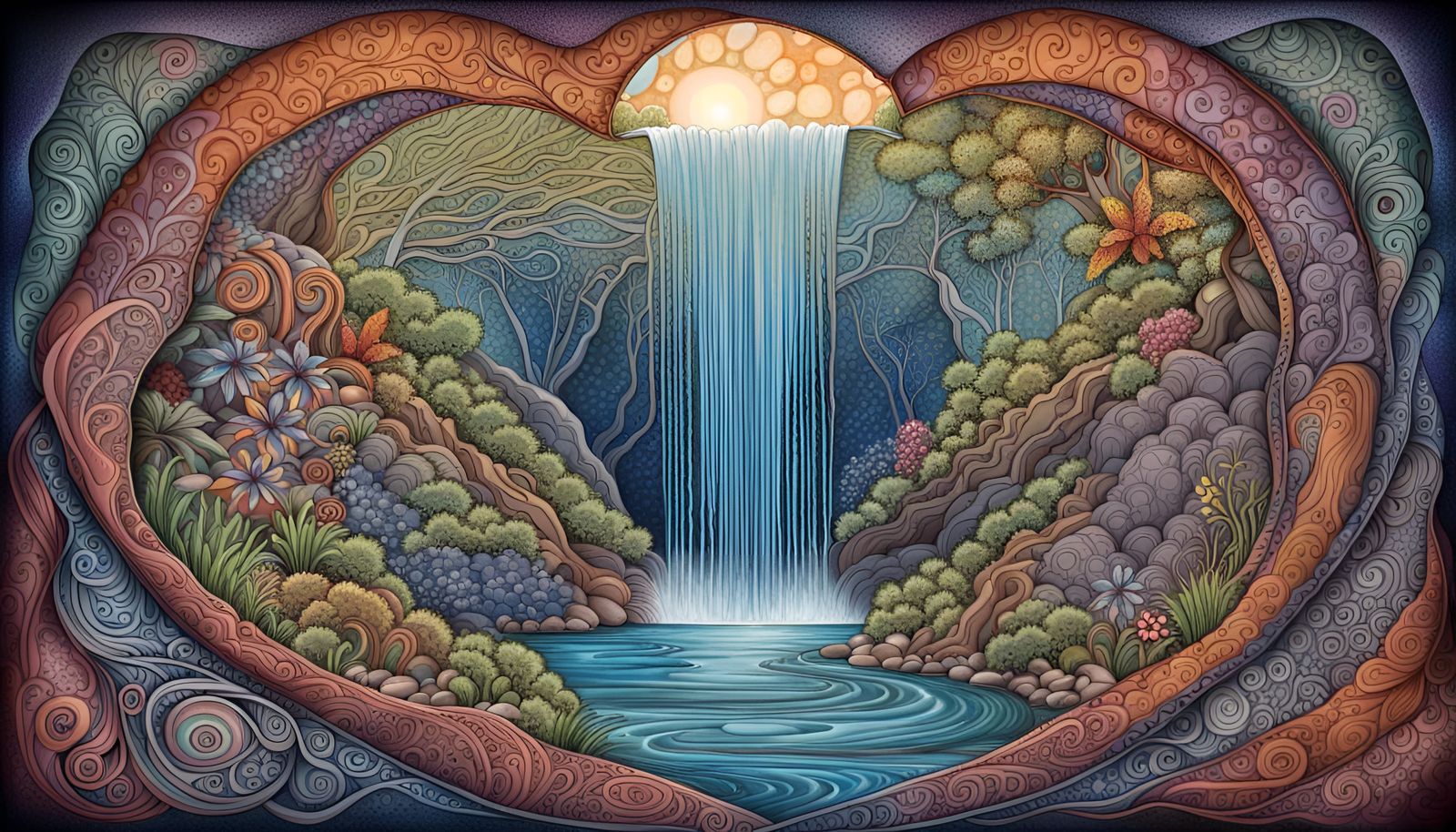 Waterfall Portal with Australian Flora in Quantum Zentangle