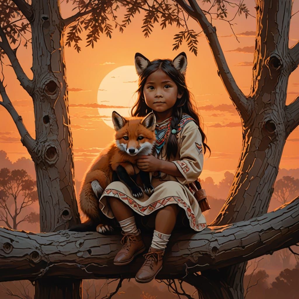 Little Girl Sitting in a Tree with a Fox Cub at Sunset