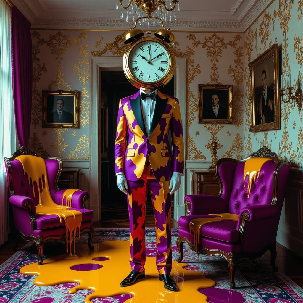 Surreal Man with Clock Head in Dreamlike Room