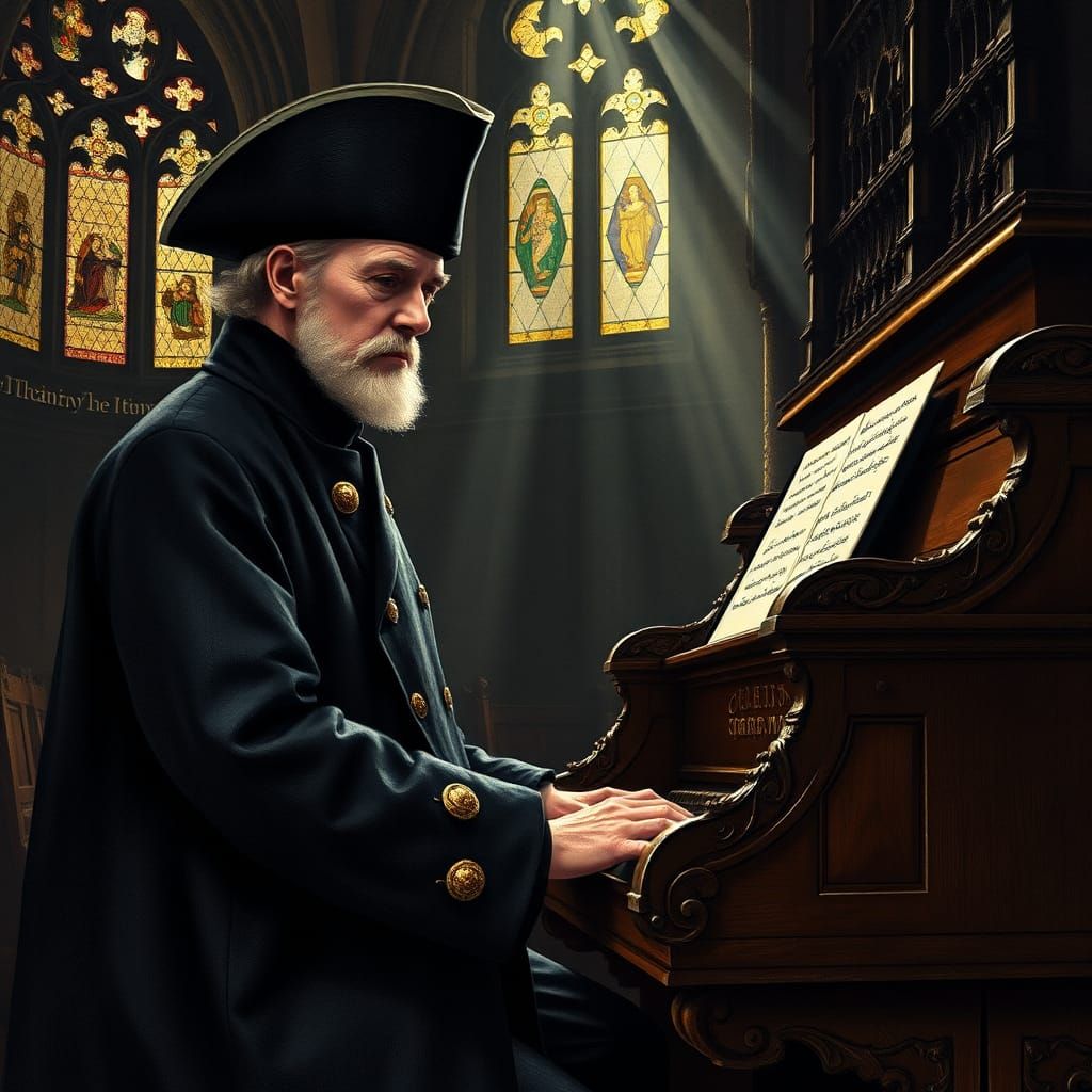 Beadle Plays Organ in Gothic Church with Chiaroscuro Lightin...