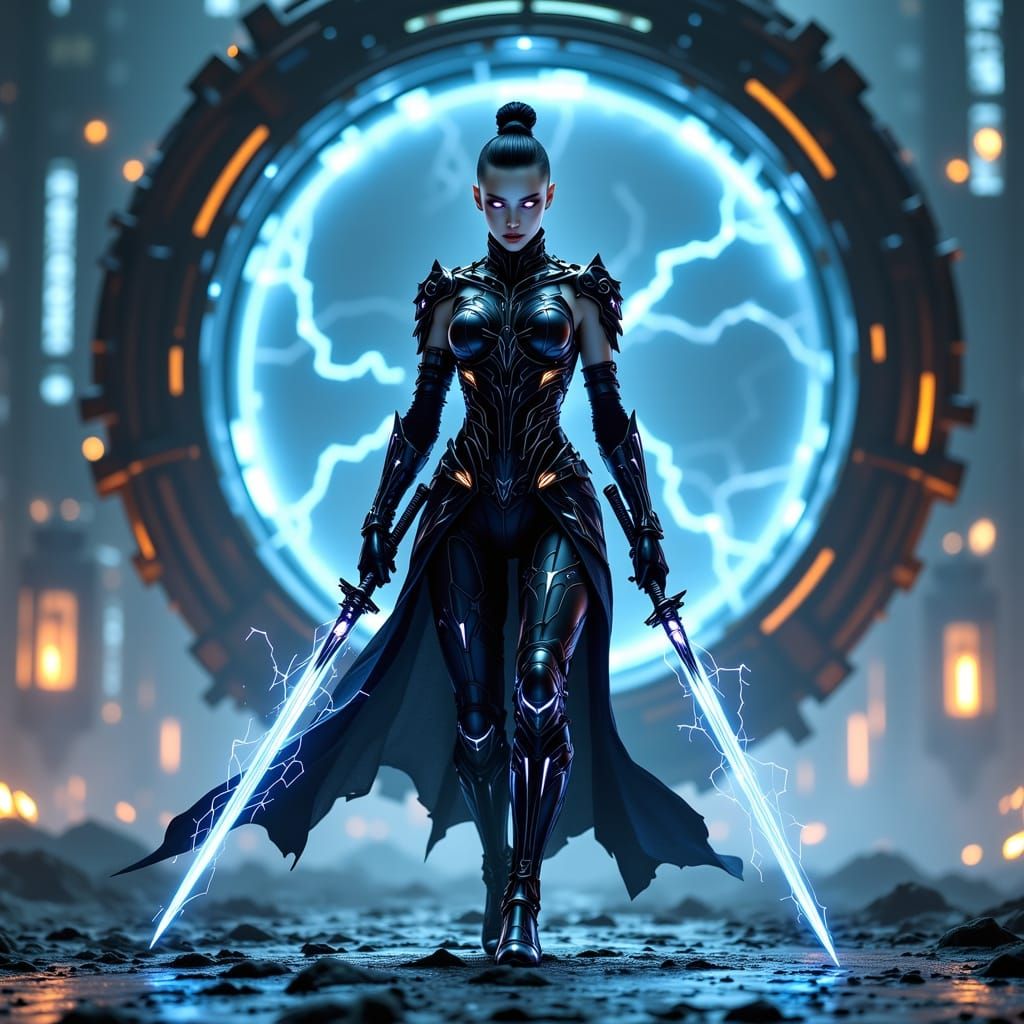 Futuristic Warrior Emerges from Electric Portal