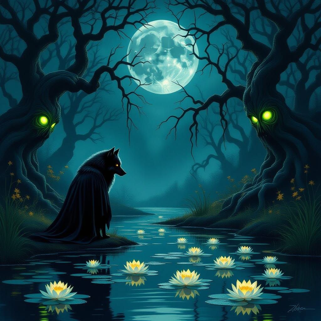 Lone Wolf in Shadowy, Moonlit Forest with Glowing Eyes