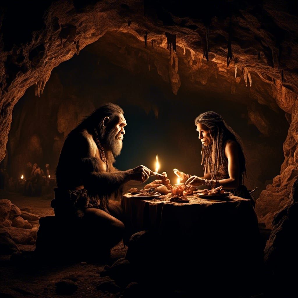 Neanderthal Couple's Candlelit Dinner in Cave