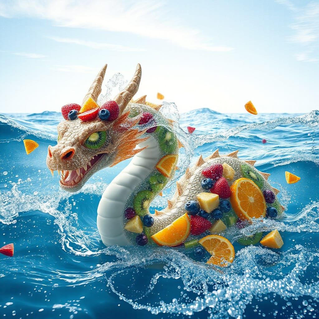 Serpentine Water Dragon Emerges from Effervescent Aquatic Re...