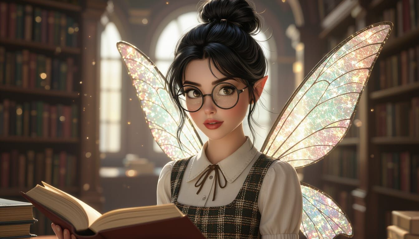 Nerdy Fairy Librarian in Hyper-Realistic Style
