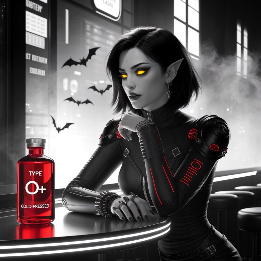 Ethereal Vampire Bartender in Neon Tokyo Cafe