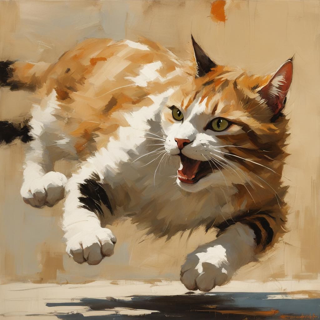 Cat Pouncing on Prey as Impasto Painting