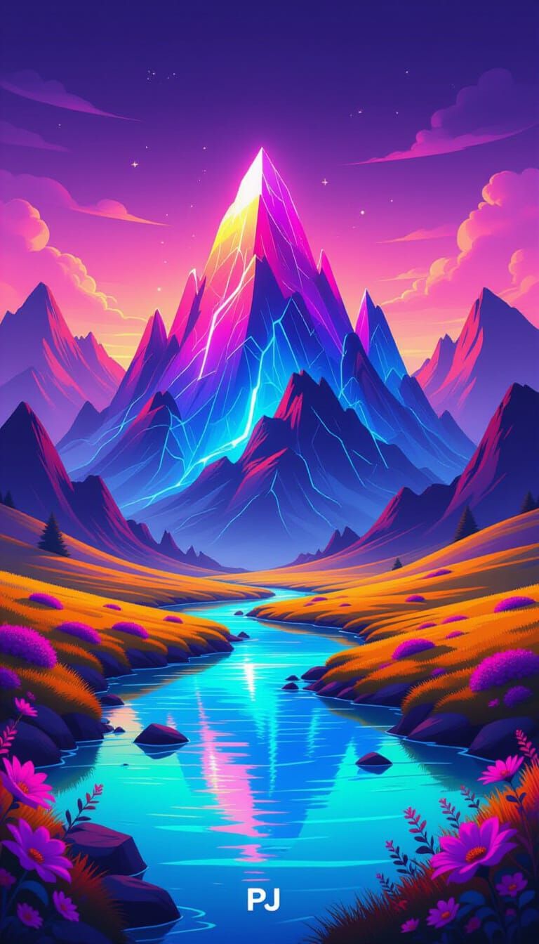 Surreal Crystalline Mountain Landscape with Neon Glow