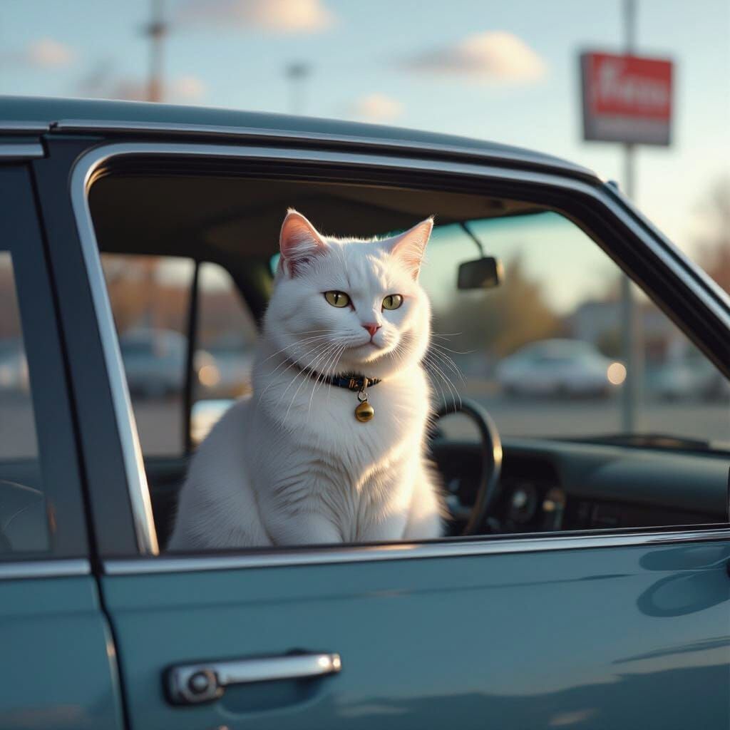 Resigned Cat in Car: Photorealistic Suburban Satire