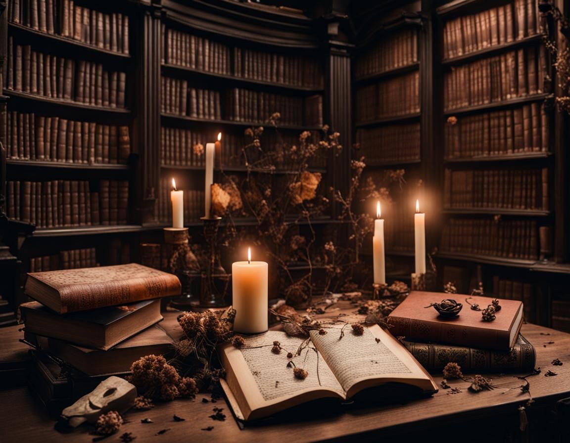 Dark Academia Library with Candles and Books
