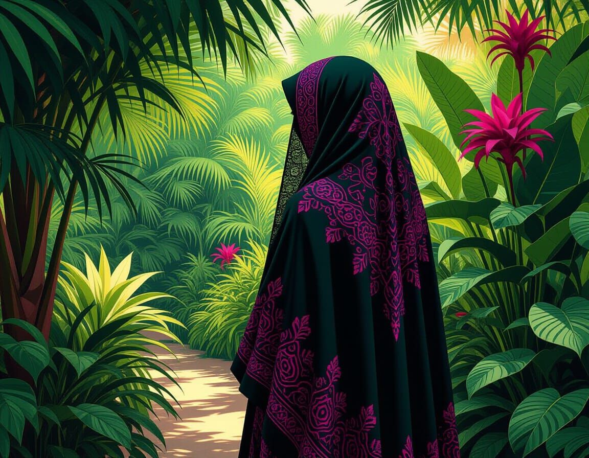 Muslim Woman in Garden with Thermal Imaging Style