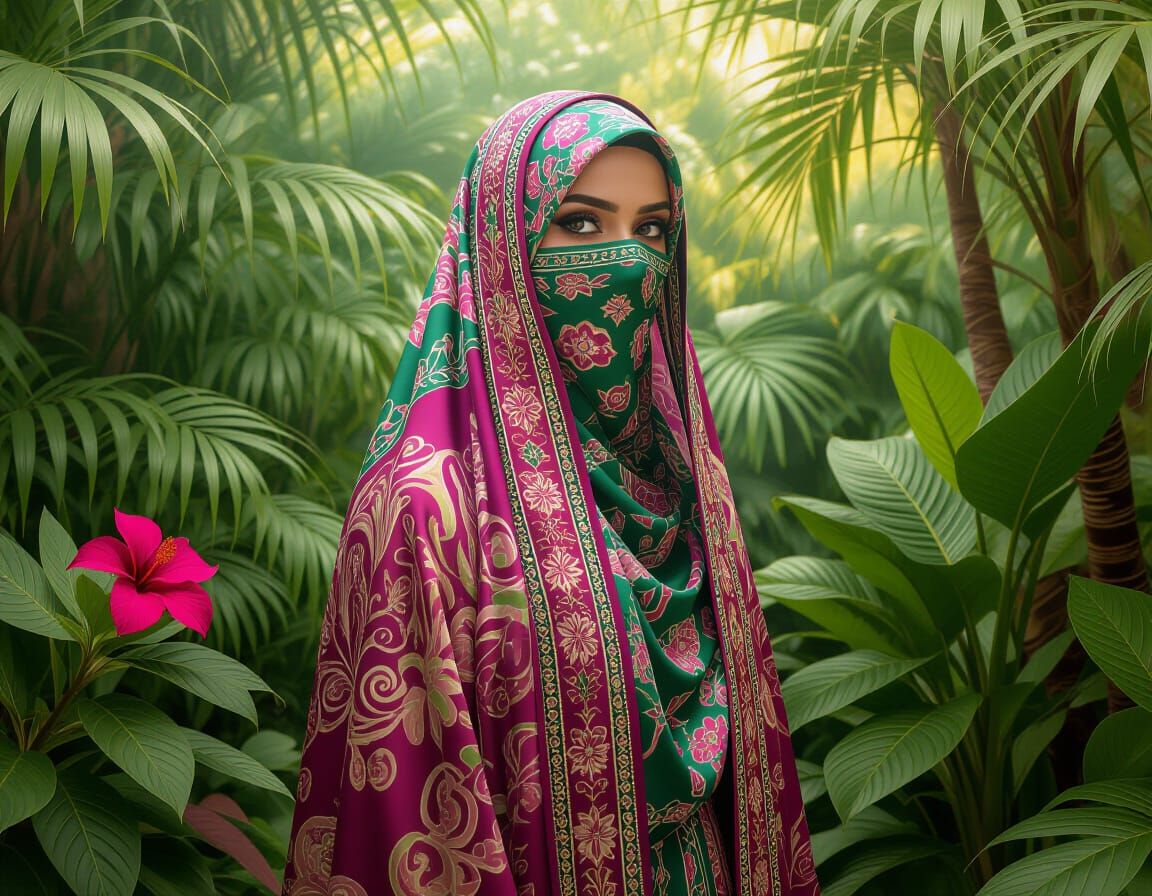 Muslim Woman in Lush Garden, Dynamic Lighting, Intricate Vei...