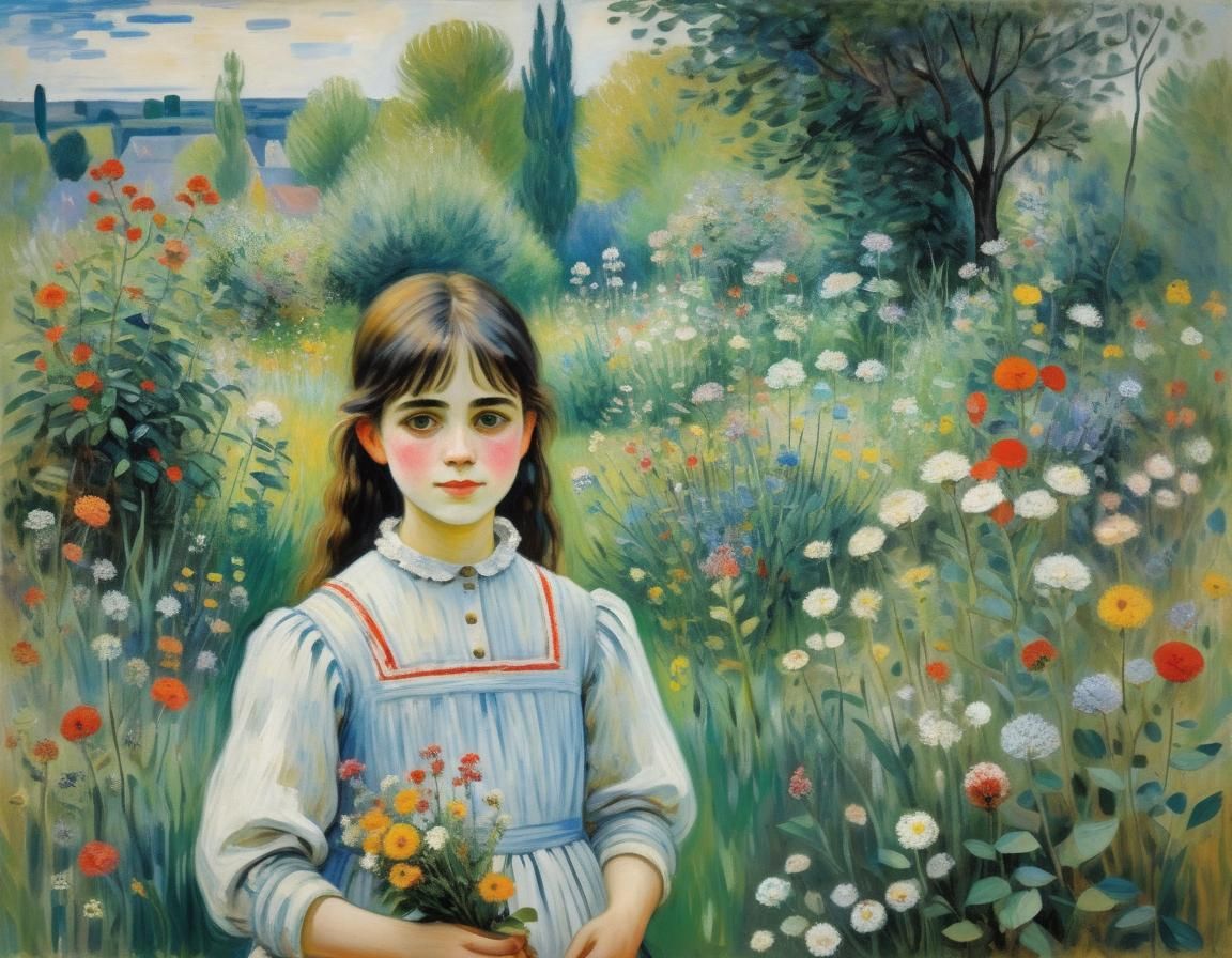 Girl in Wildflower Garden: Impressionistic Style