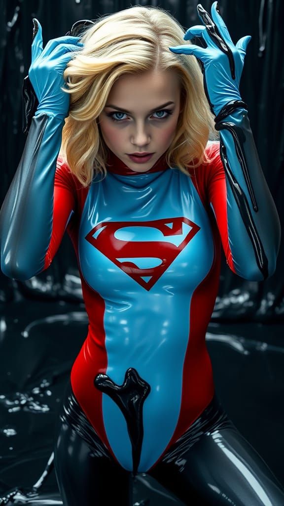 Goth Supergirl in Latex Catsuit, Hyperrealistic Style