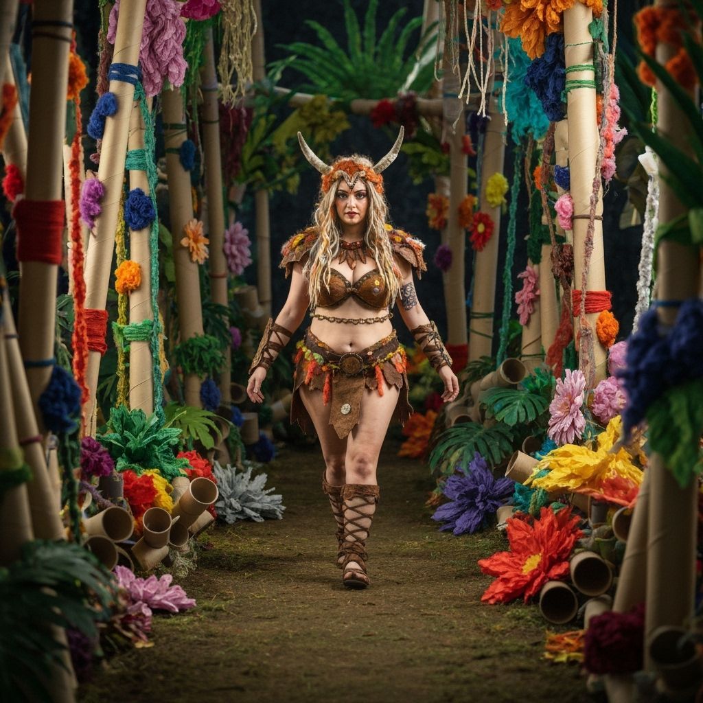 A plush female barbarian is walking in A whimsical, primal j...