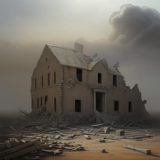 Biblical House Collapse in Watercolor