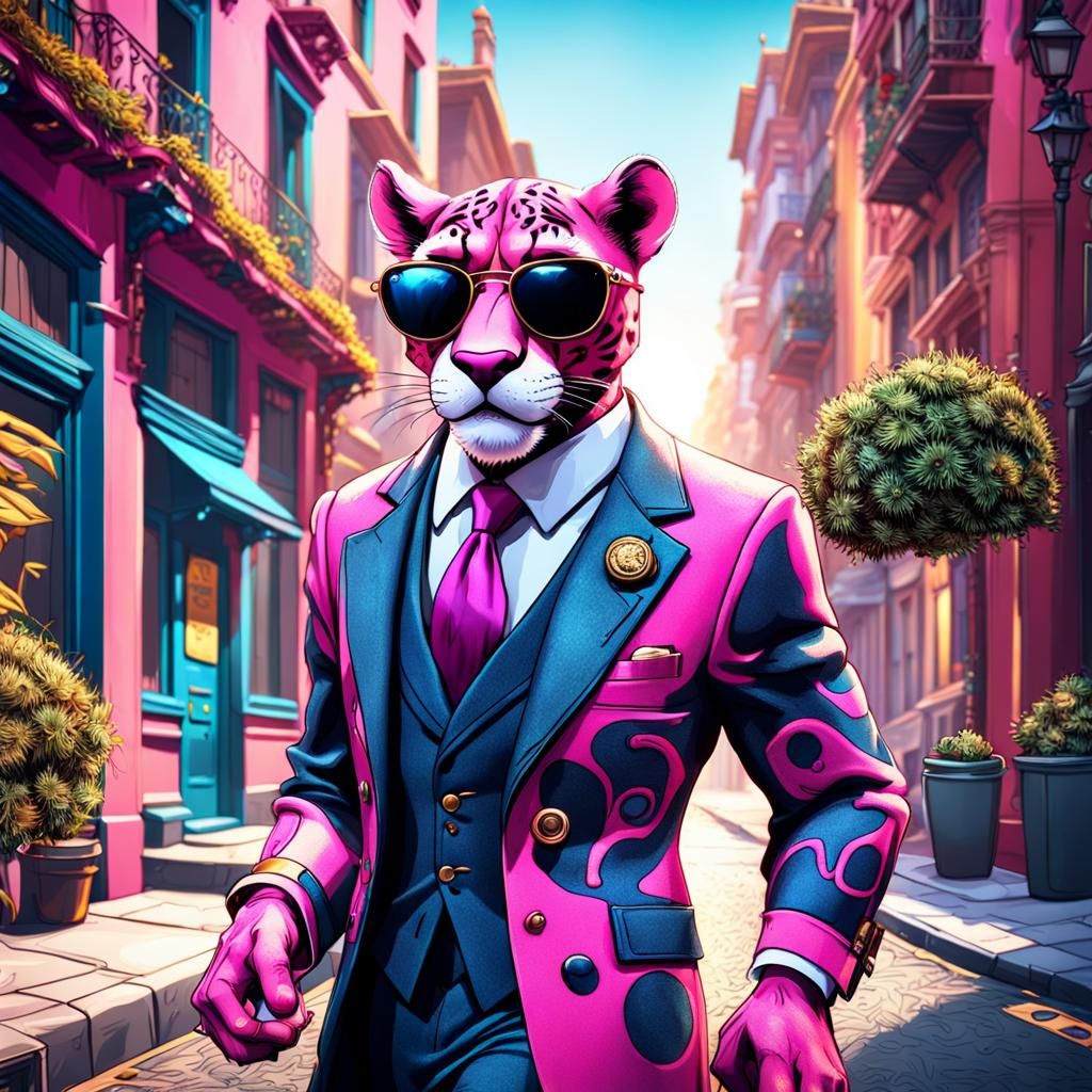 Pink Panther as Cartoon Detective in Detailed Painting