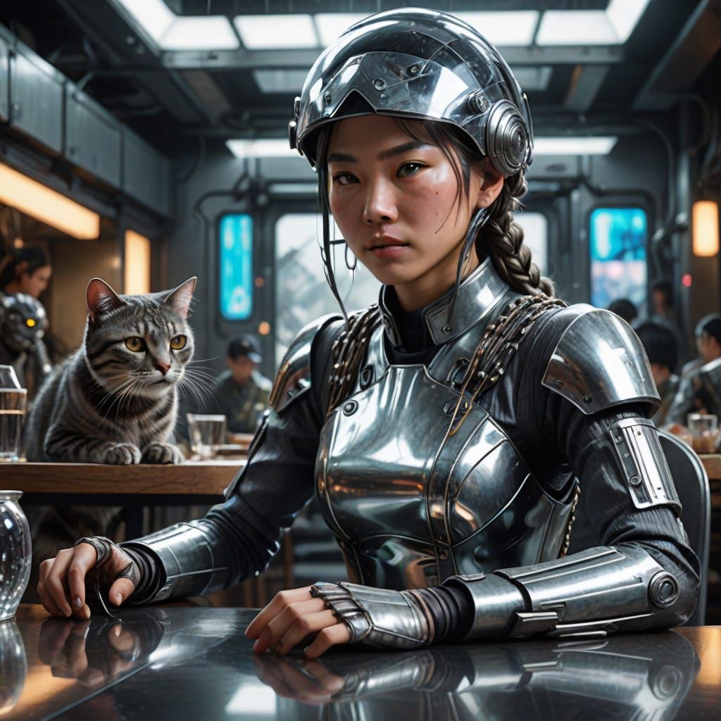 Futuristic Japanese Woman With Cat in Concept Art Style