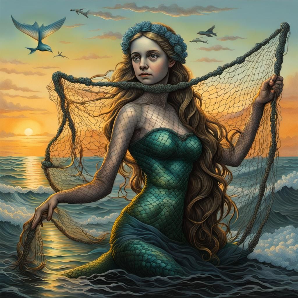 Mermaid caught in fisherman net
